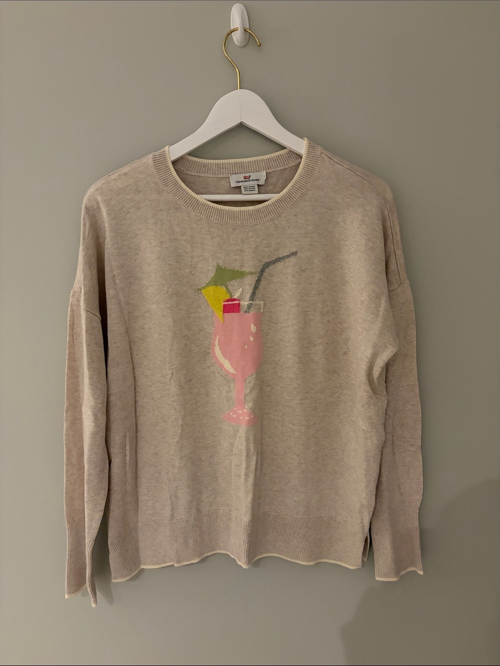 Vineyard Vines Beige Crewneck Sweater with Pink Whale Logo